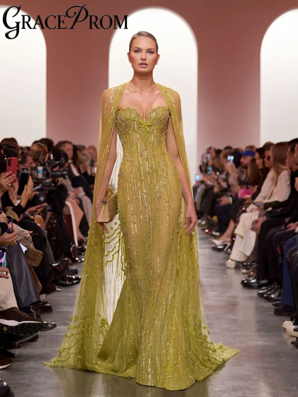 Vestido de Noche Verde Lima con Cuentas y Capa, Elegante Vestido Largo de Sirena con Ilusión de Transparencia para Fiesta de Boda, Nuevo Vestido de Banquete Exquisito Personalizado