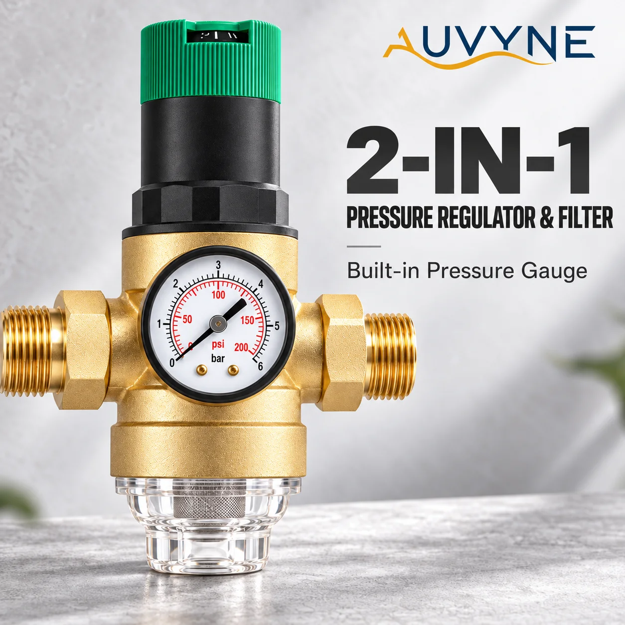 AUVYNE Adjustable Brass Water Pressure Regulator Valve with Gauge and Sediment Pre-Filter for Whole House Plumbing