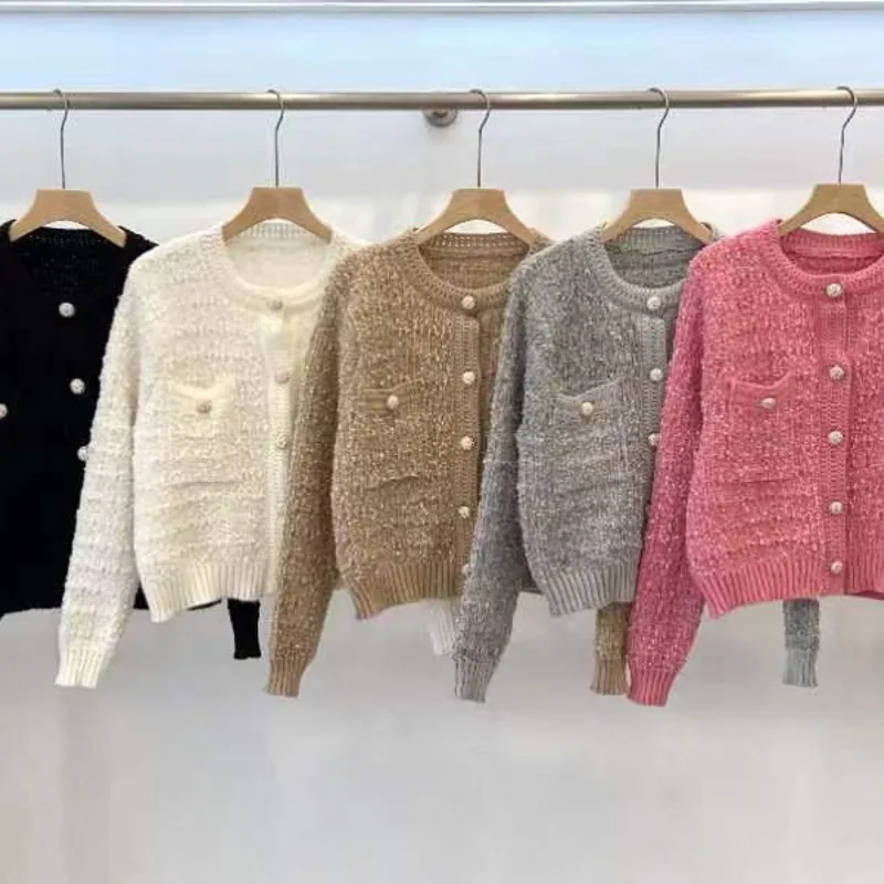 

Korean Style Pink Round Neck Cropped Cardigans Women Chic Button Long Sleeve Knitted Coats Woman Pocket Bling Short Cardigan