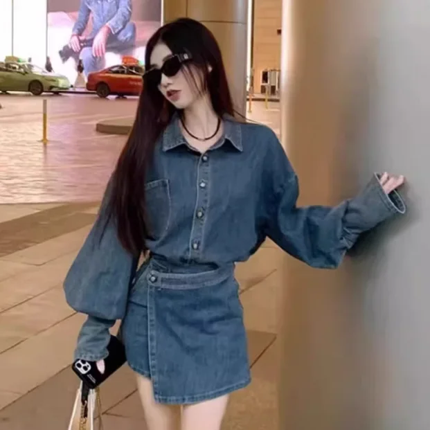 سلسلة الملح أوائل الخريف المرأة الجينز معطف قطعتين مجموعة القطن الدنيم الركبة طول تنورة خمر هونغ كونغ نمط ضوء Maturity #3