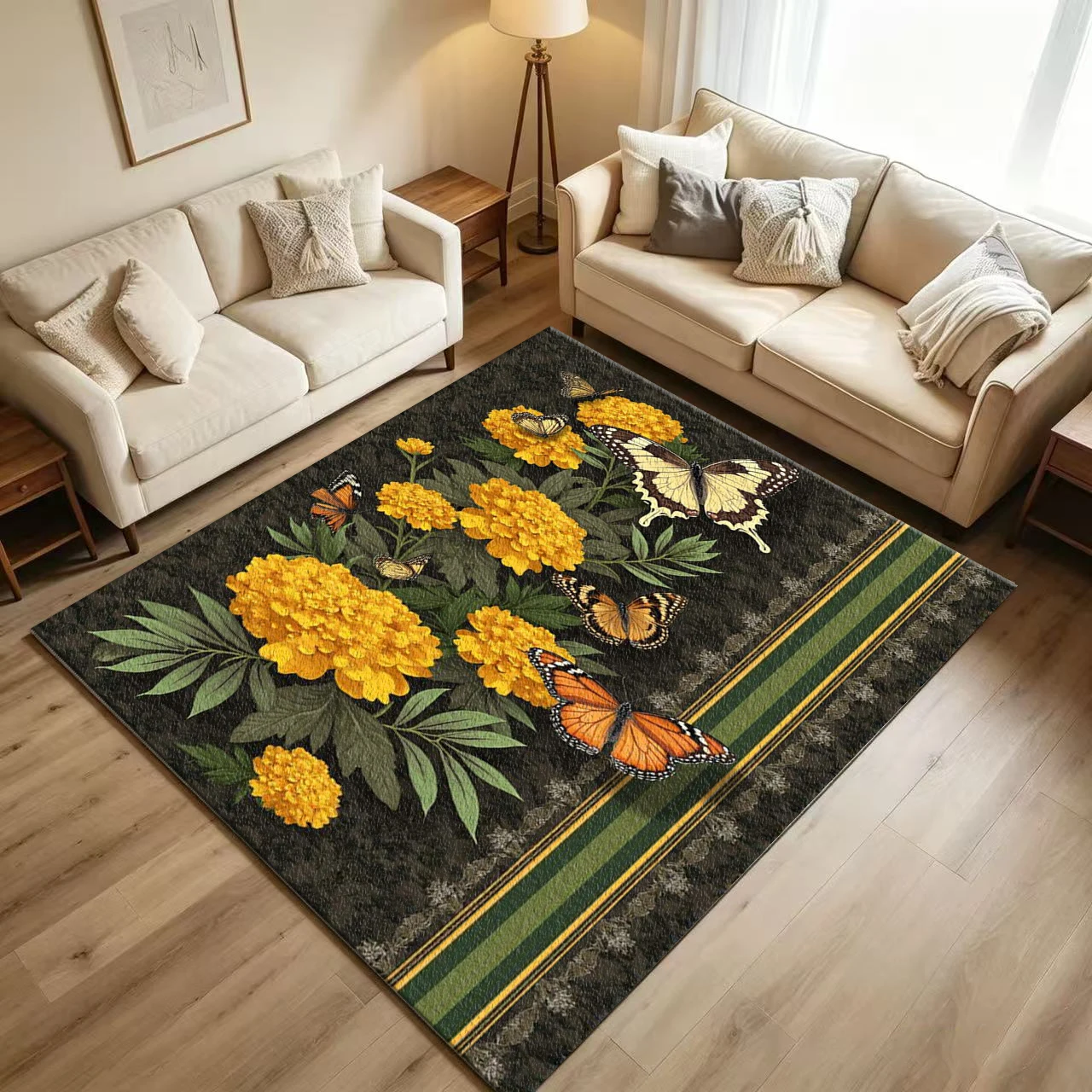 Vintage Marigold Flower Butterfly Art Carpet Flooring Retro Dark Background Floral Insect Motif Printed Floor Rug for Household Indoor Home Ornament