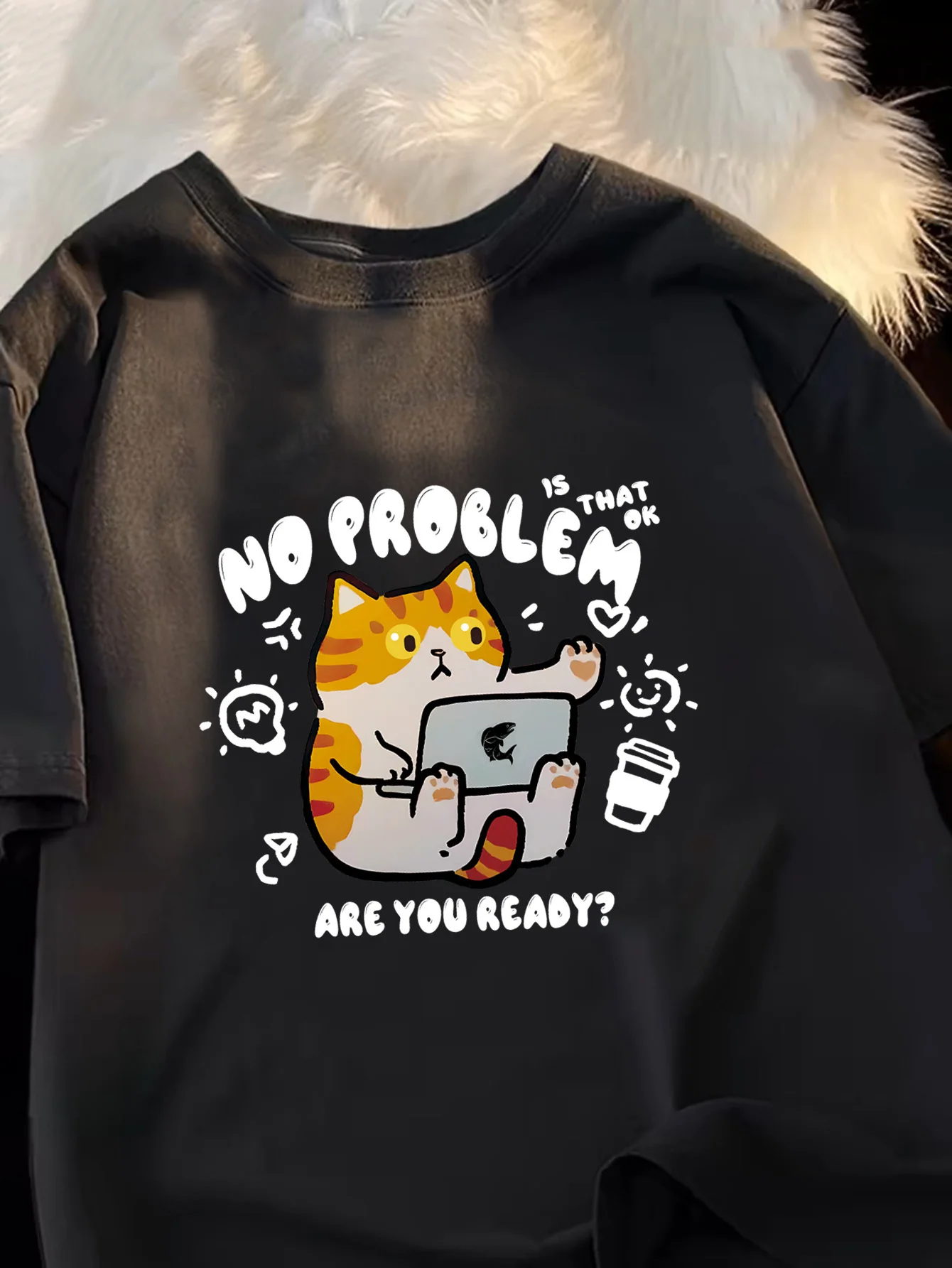 Cat Work Laptop Text Cotton T-shirt Men Women Soft Short Sleeve Unisex Casual Daily Kawaii Streetwear Tops