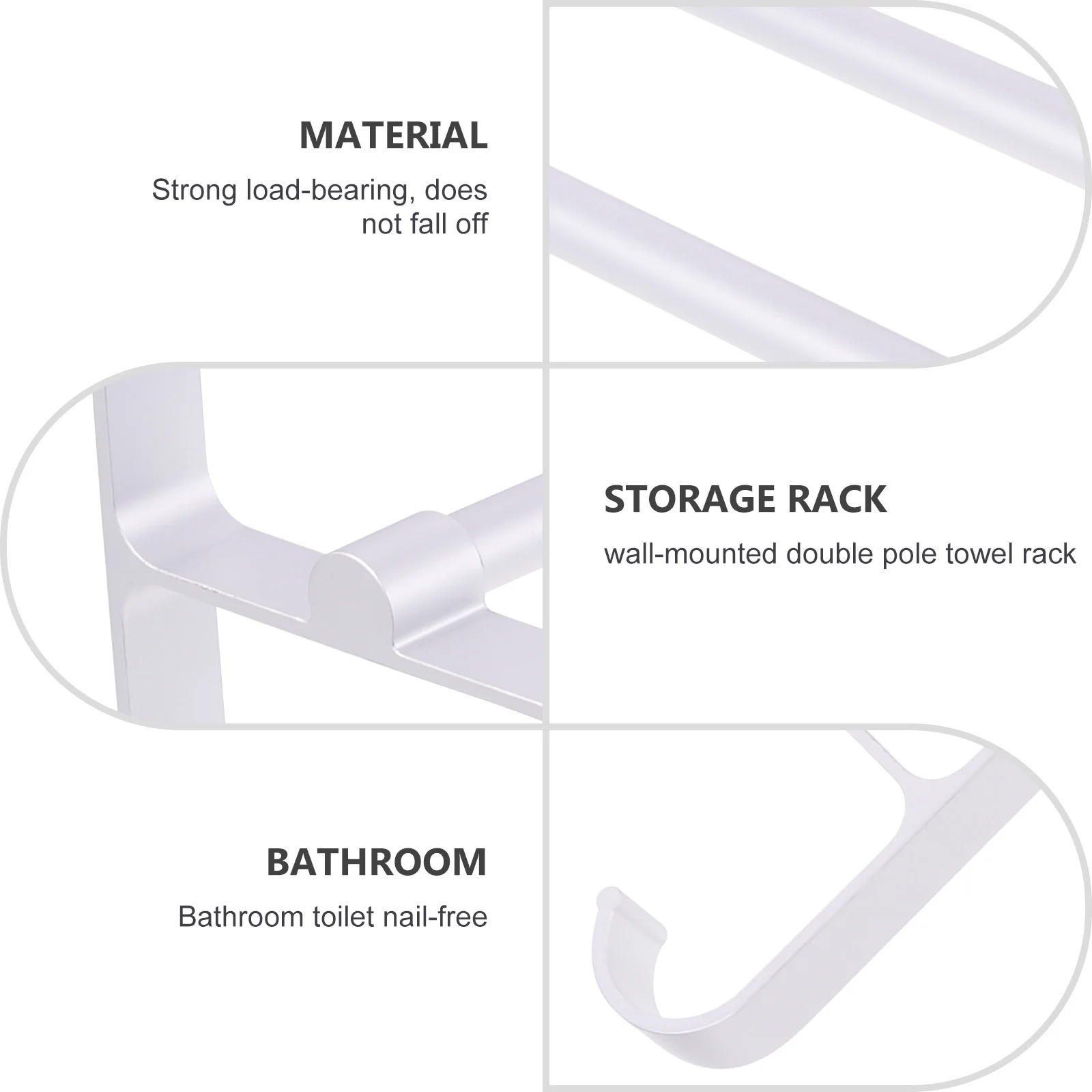 

1 Set Wall Mounted Towel Rack No Punching Bathroom Organizer Storage Shelf Iron Made Smooth Surface Towel Bar Nail