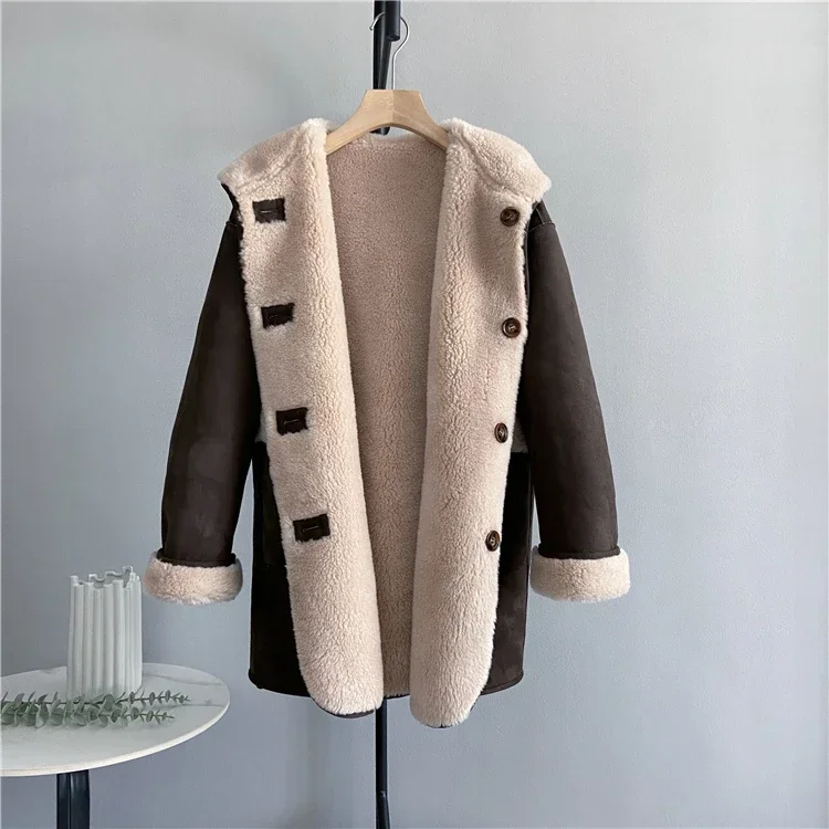 Tajiyane Casual Hooded 100% Wool Coat Women Fur Coats Winter Sheep Shearing Jacket Double-sided Wear Jackets for Women Jaquetas