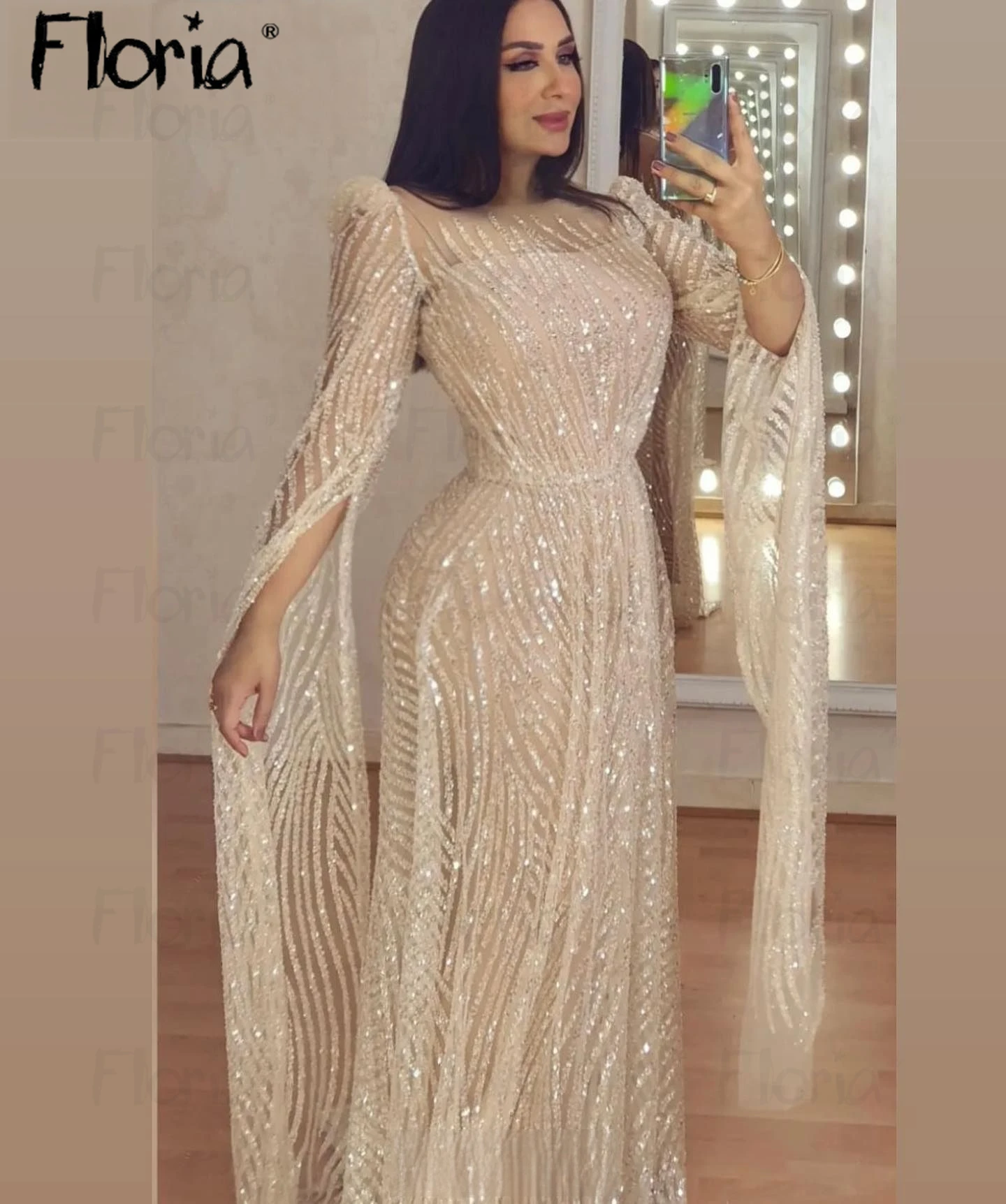 Robe de soirée grande taille pour femme, élégante, champagne, entièrement perlée, robes de célébrité, Rhformel, fête de Dubaï, robe éducative