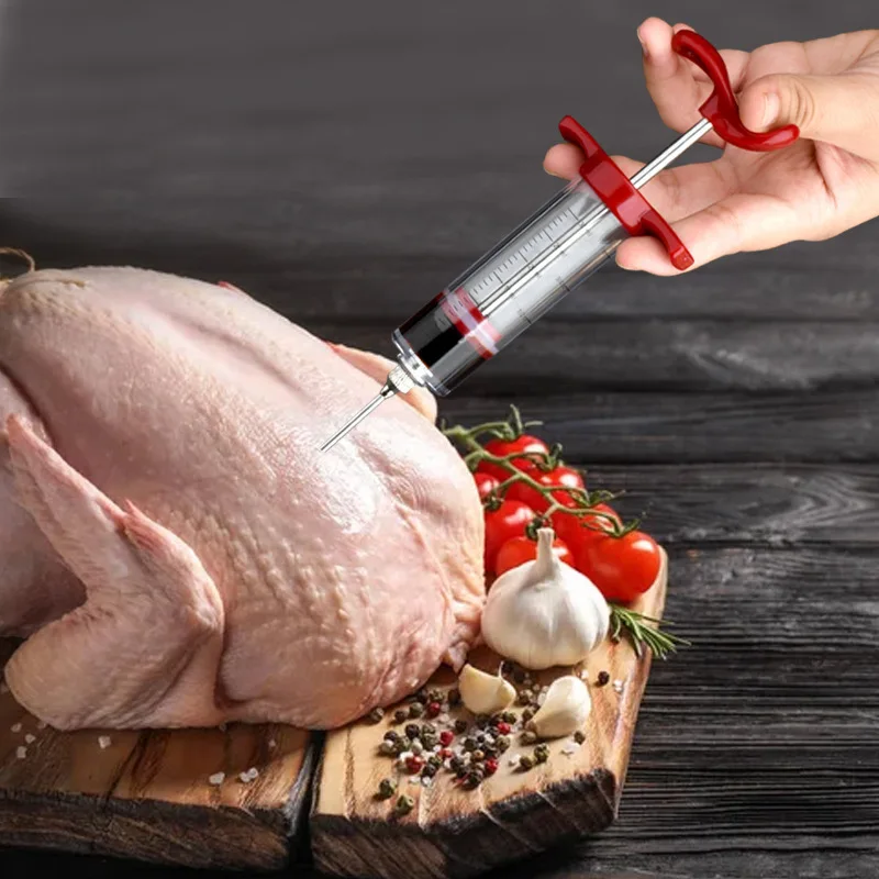 Red Barbecue Meat Syringe With 3 Marinade Injector Marinade Syringes Food Grade Kitchen Accessories Kit Marinade Flavor Injector