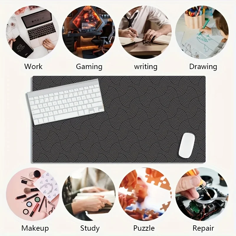 Deep grey base with curved pattern gaming mouse pad, extended anti-slip rubber base, washable, suitable for home use