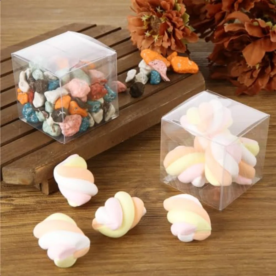 200 Pack 2x2x2 Inch Clear Favor Boxes with Gift Ribbons Small Treat Boxes Transparent Cube Box Plastic Gift Boxes Individual ar