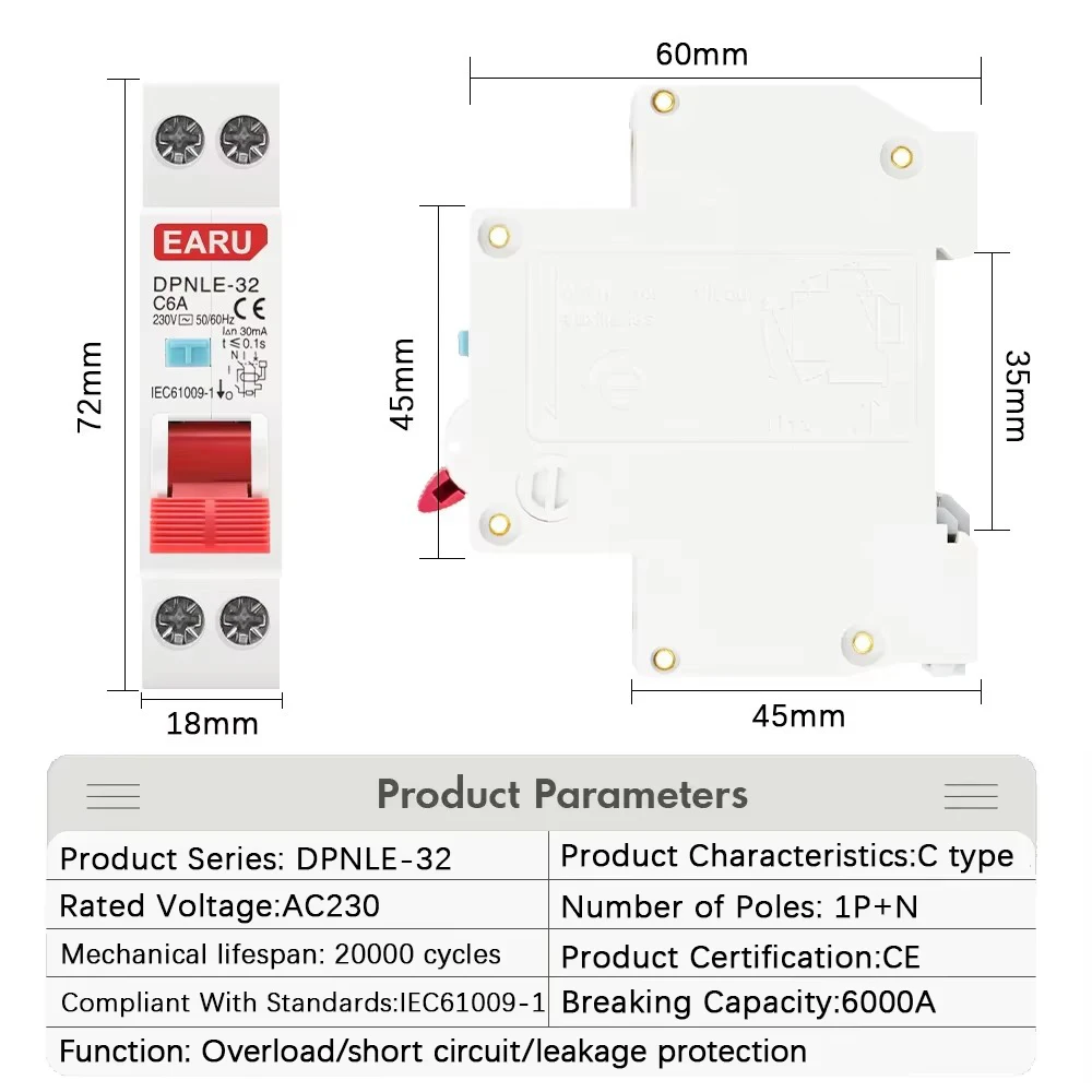 18MM RCBO 1P+N AC 230V 50/60Hz 6KA Residual Current Differential Automatic Circuit Breaker With Over Current Leakage Protection