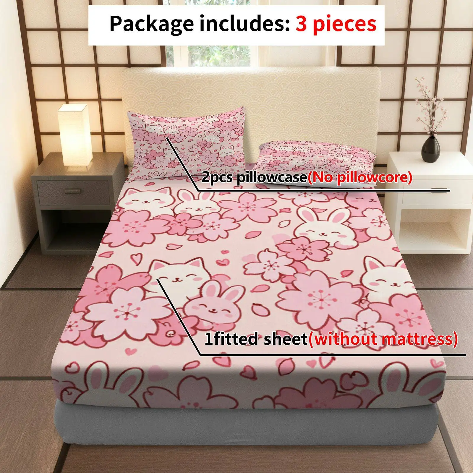 Sakura Rabbit Cat Bedding Set, Breathable Polyester Material (includes 1 fitted sheet + 2 pillowcases), Mattress Protector, Elastic-Fitted Style, Protective Cover, Mattress Cover, Christmas-Themed Bedding, Baby Bedding, Suitable for Nursery Room view 4