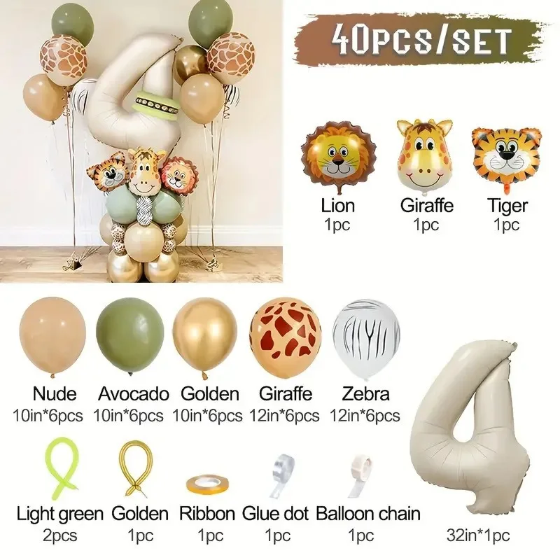 40 Stück Neue Dschungel-Retro-Tierballons für Kindergeburtstage, Nummer 12345 Party-Dekorationsset mit Zahlen-Säulen, Tiger, Löwe – Detail 4