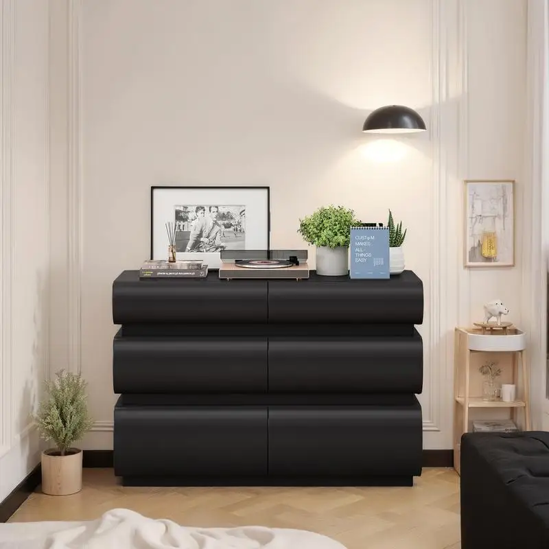 Modern 6 Drawer Dresser for Bedroom, Black No Handle Chest of Drawers with Ample Storage Space