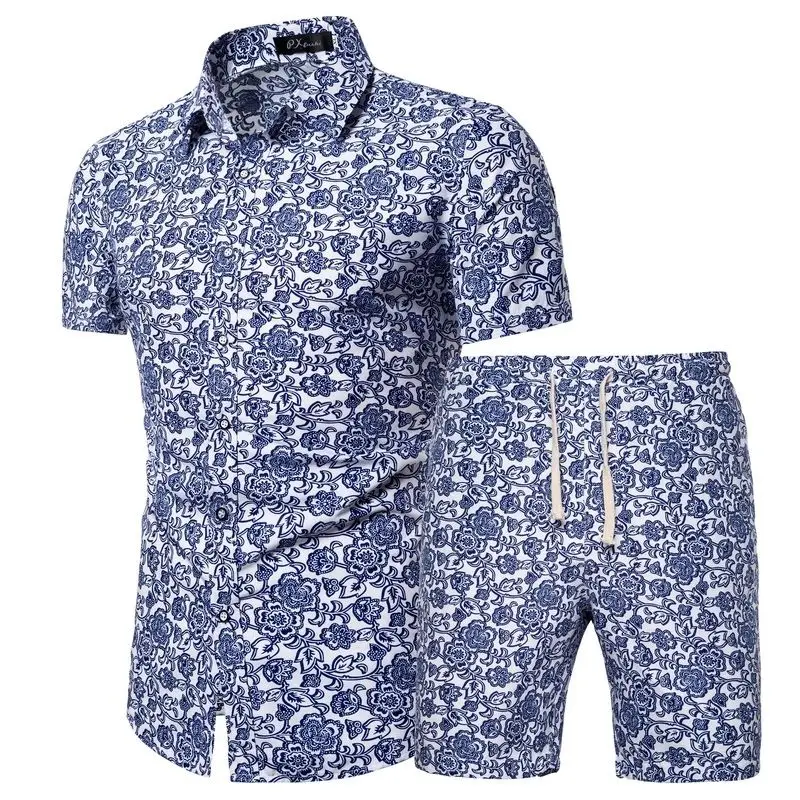 Hawaii 2 Pcs Men Luxury chain Beach Outfits 3D Print Short Sleeve Lapel Button Down Shirt + Drawstring Shorts Male Clothes Sets