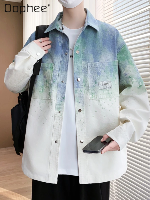 

2025 Spring and Autumn New Men's Green Single-breasted Denim Jacket Trendy Gradient Gray High-end Loose Casual Jacket
