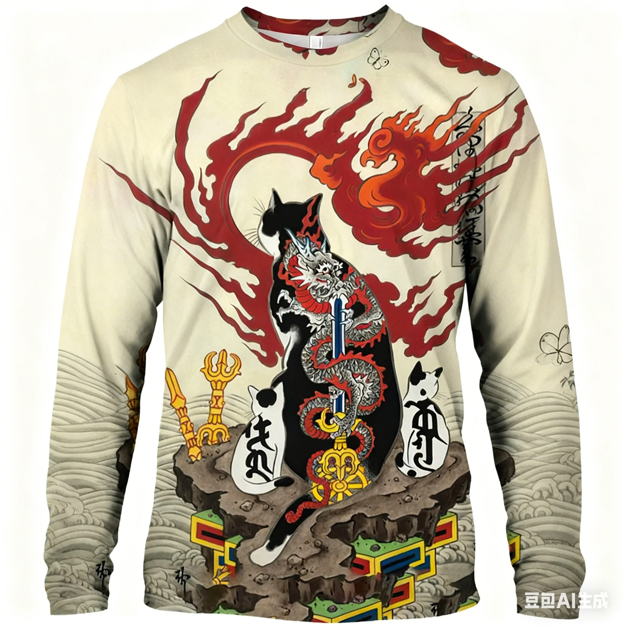 

Japanese Samurai Cat Print Men's T Shirt Casual O-neck Loose Long Sleeve Tops Hip Hop Trend y2k Clothes Autumn Fashion Pullover