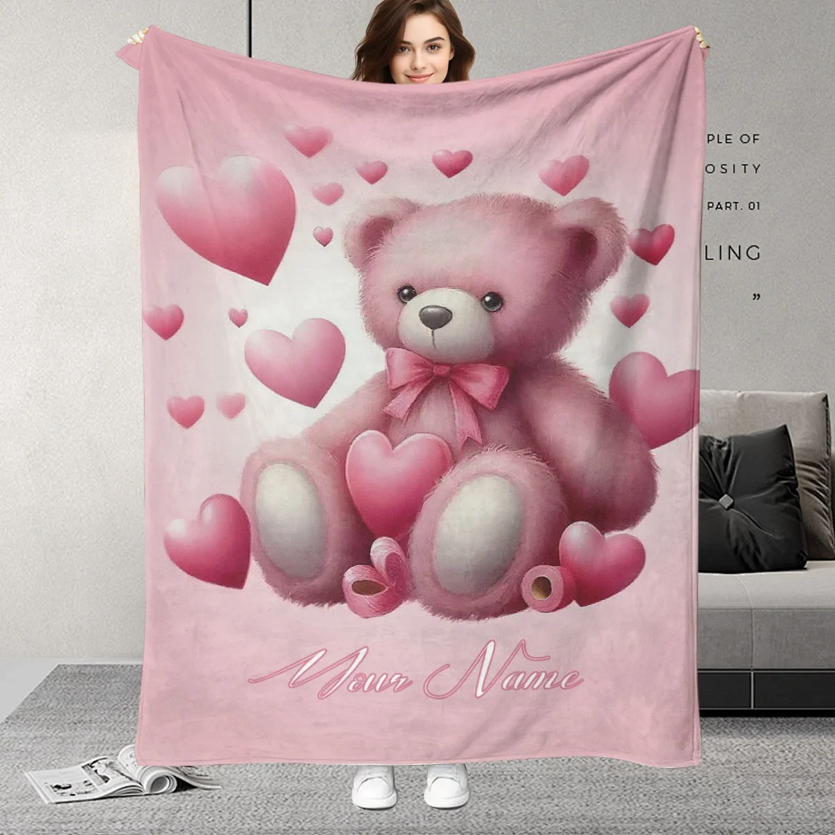 Personalized Name  Pink  Bear Design Blanket, Adorable Fluffy Bear with Hearts & Bow, Perfect Birthday Gift for Loved Ones
