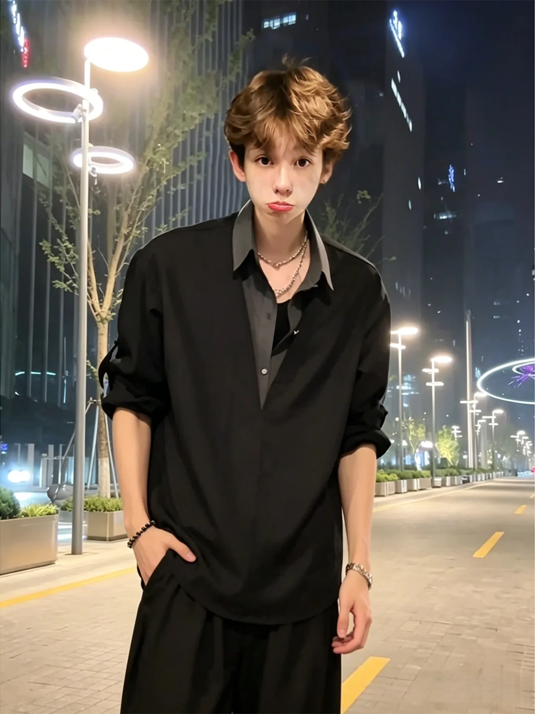 Black Long Sleeve Ice Silk Shirt Set for Men Spring Summer Cuffed Sleeve Design Loose Fit Casual Style Youth Popular Breathable