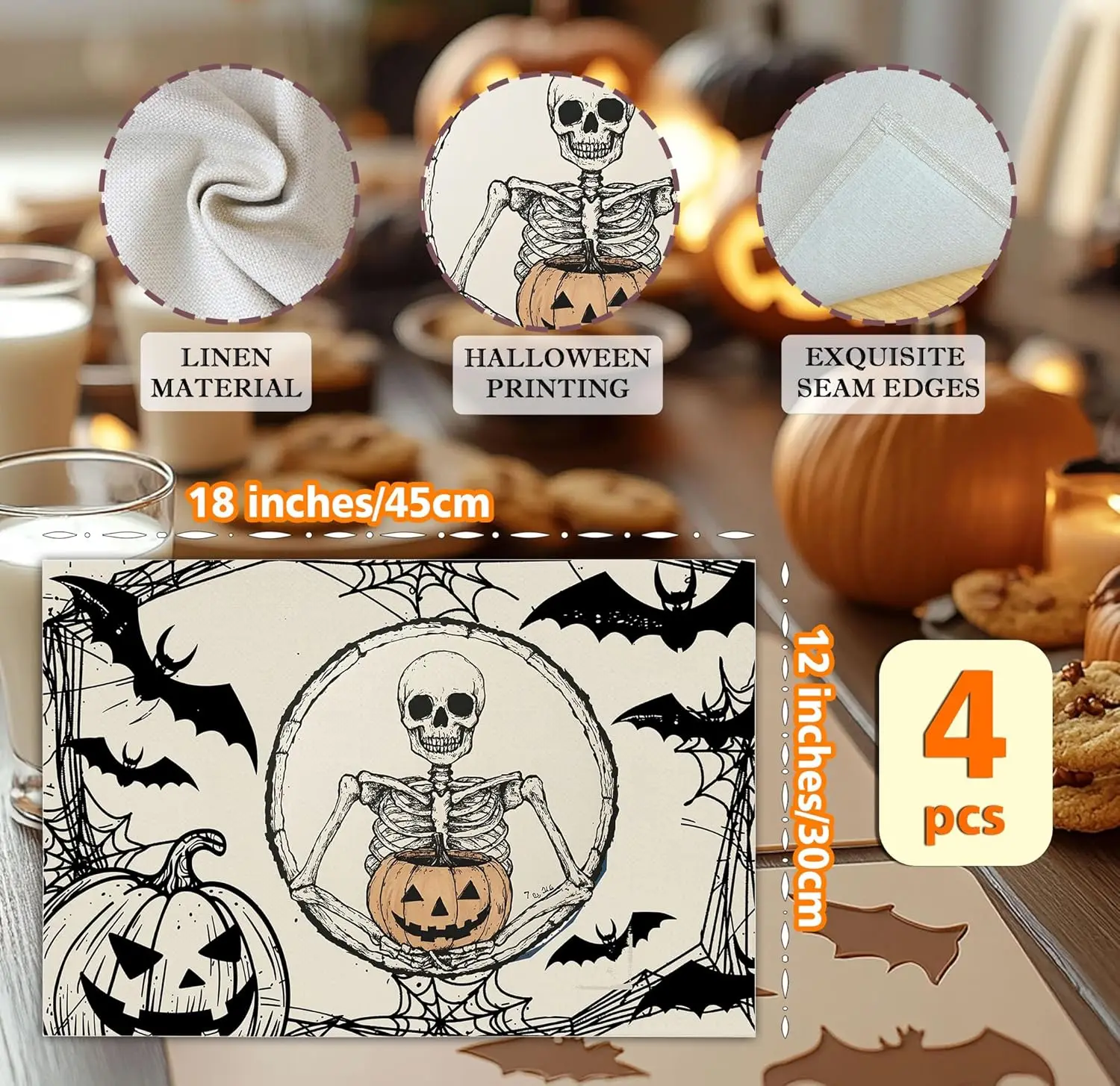 Halloween Skeleton Placemats Set of 4, 12x18 Inch Pumpkin Bats Table Mats, Washable Heat Resistant Place Mats for Kitchen