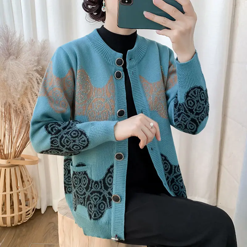 Vintage Printed Button Pockets Diamonds Cardigan Sweaters Women\'s Clothing 2023 Autumn Winter Oversized Knitted All-match Tops