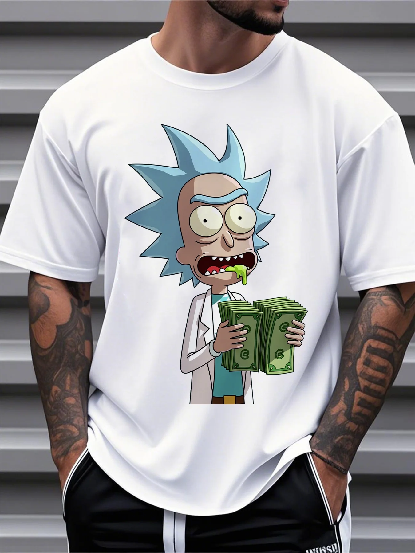 تي شيرت رجالي من القطن برسومات ريك آند مورتي، أسود مريح، برقبة دائرية وأكمام قصيرة مع طباعة كرتونية لصالة الألعاب الرياضية