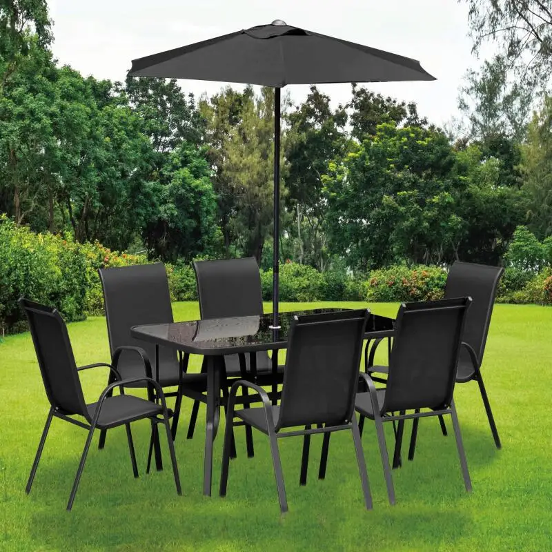 

Promotion Outdoor Patio Dining Table and 6 Stackable Chairs Furniture Set With Umbrella