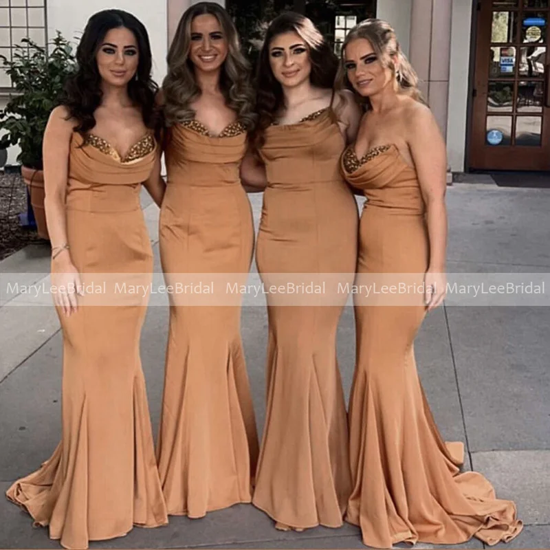 

Sandybrown Mermaid Bridesmaid Dresses with Sparkly Sequin Sweetheart Neckline Ruched Long Bride Maid Dress Wedding Guest Gowns