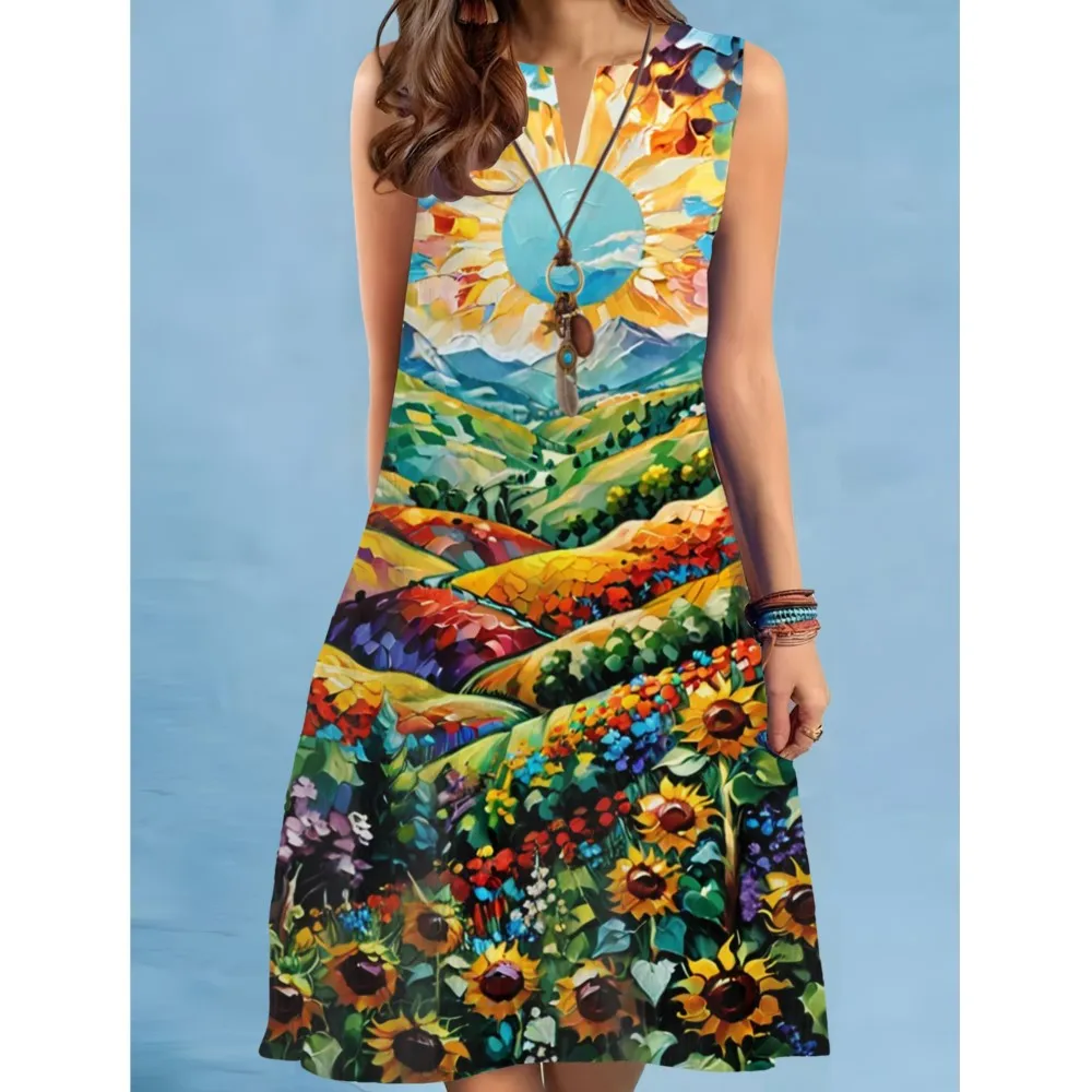 유행 꽃 미니 드레스 2025 여성 v 넥 민소매 섹시한 프린트 a 라인 드레스 보헤미아 비치웨어 Платья Roupas Feminina