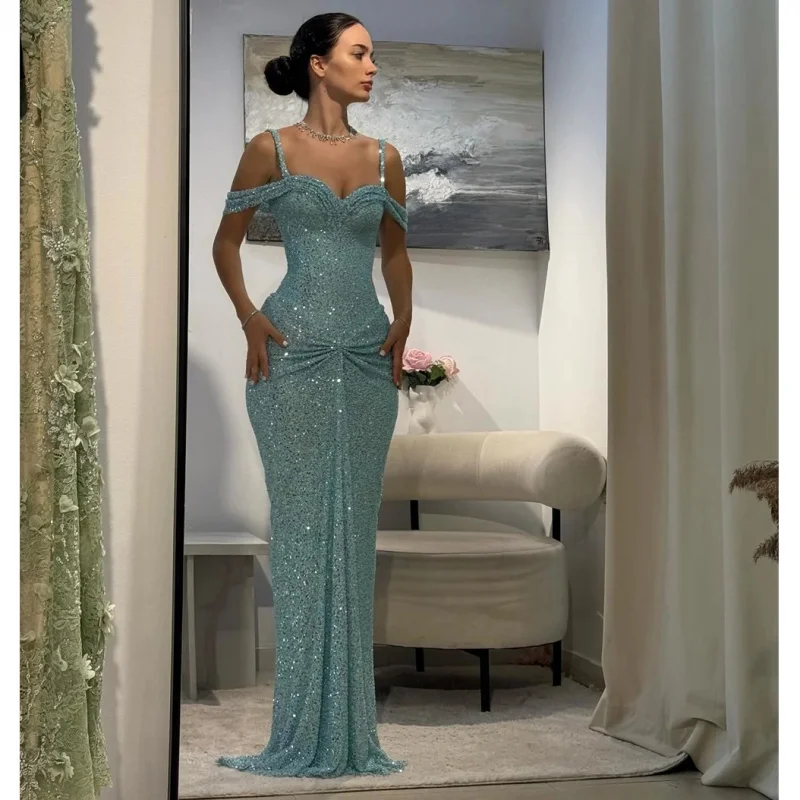 

Бирюзовые роскошные блестящие вечерние платья русалки с блестками на тонких бретельках Вечернее платье Блестящие женские вечерние платья по индивидуальному заказу
