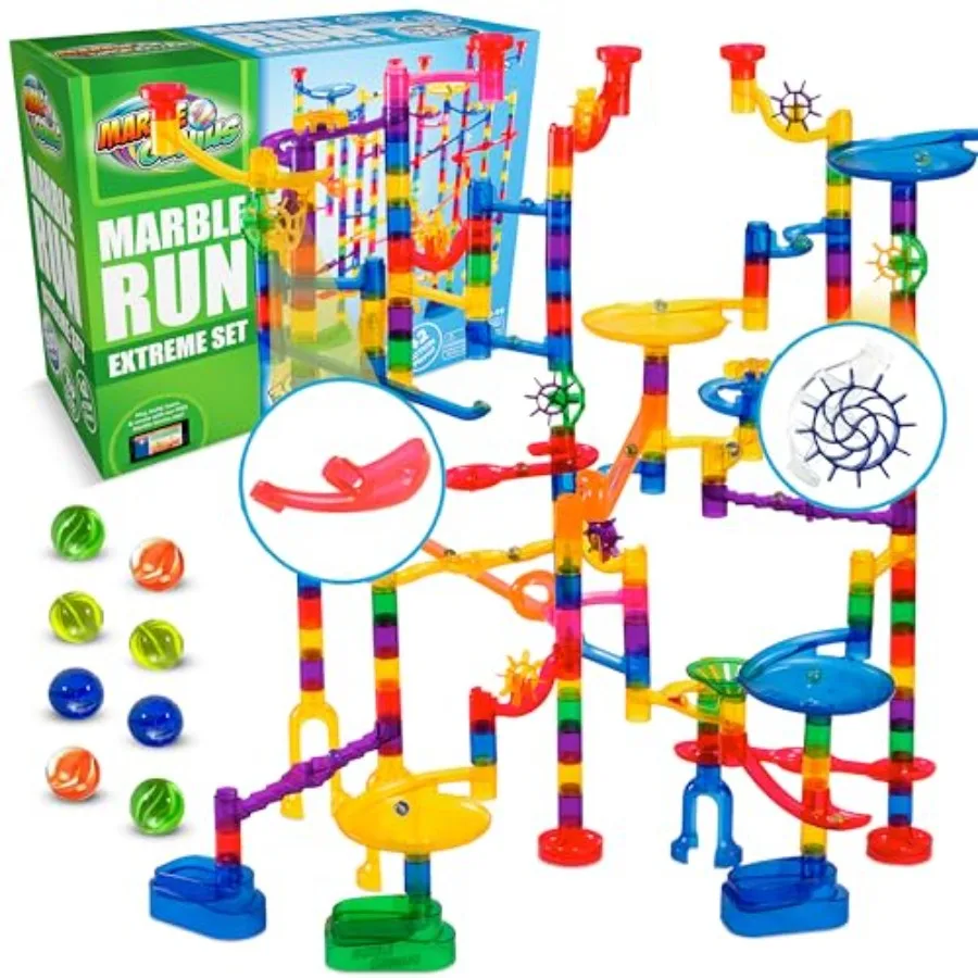 

Marble Run Extreme Set for STEM learning and maze building: translucent plastic tracks in multicolor 300 pieces + glass marbles