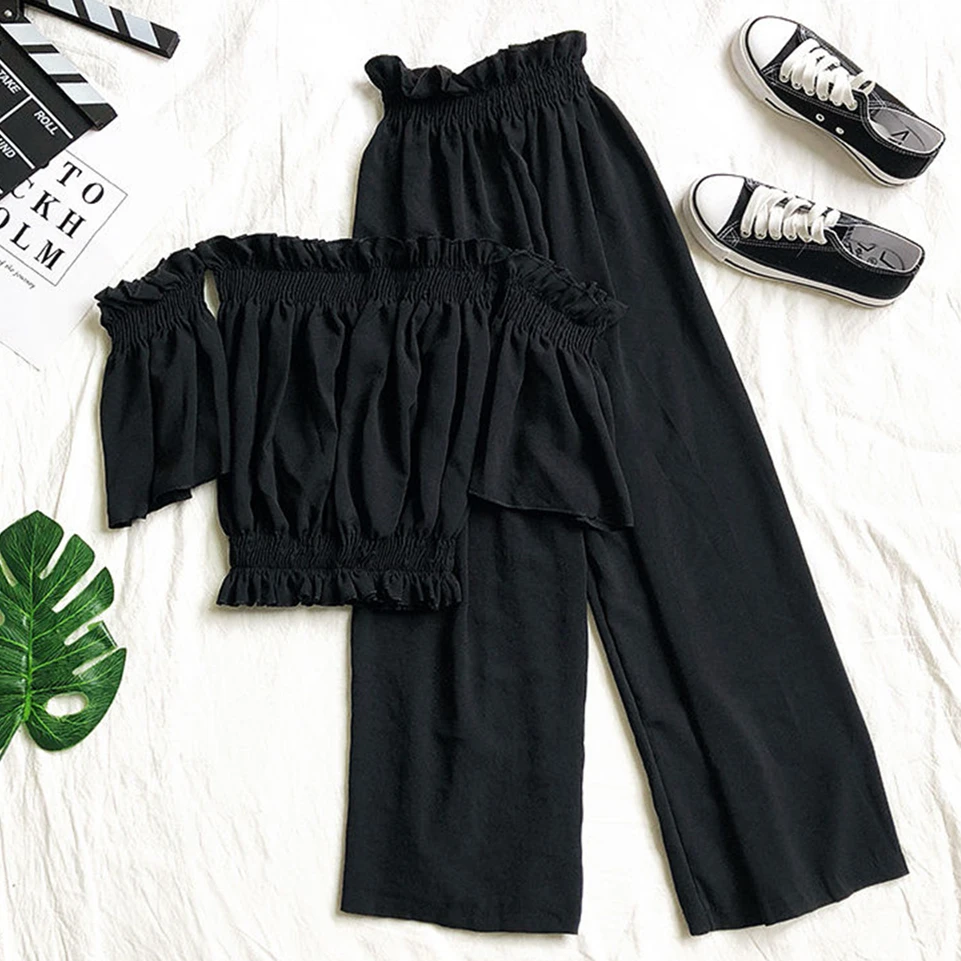 Short Sleeved Off Shoulder Exposed Navel Waist Collection Crop Top+Flower Bud Elastic Waist Wide Leg Pants Sets Summer Sweet