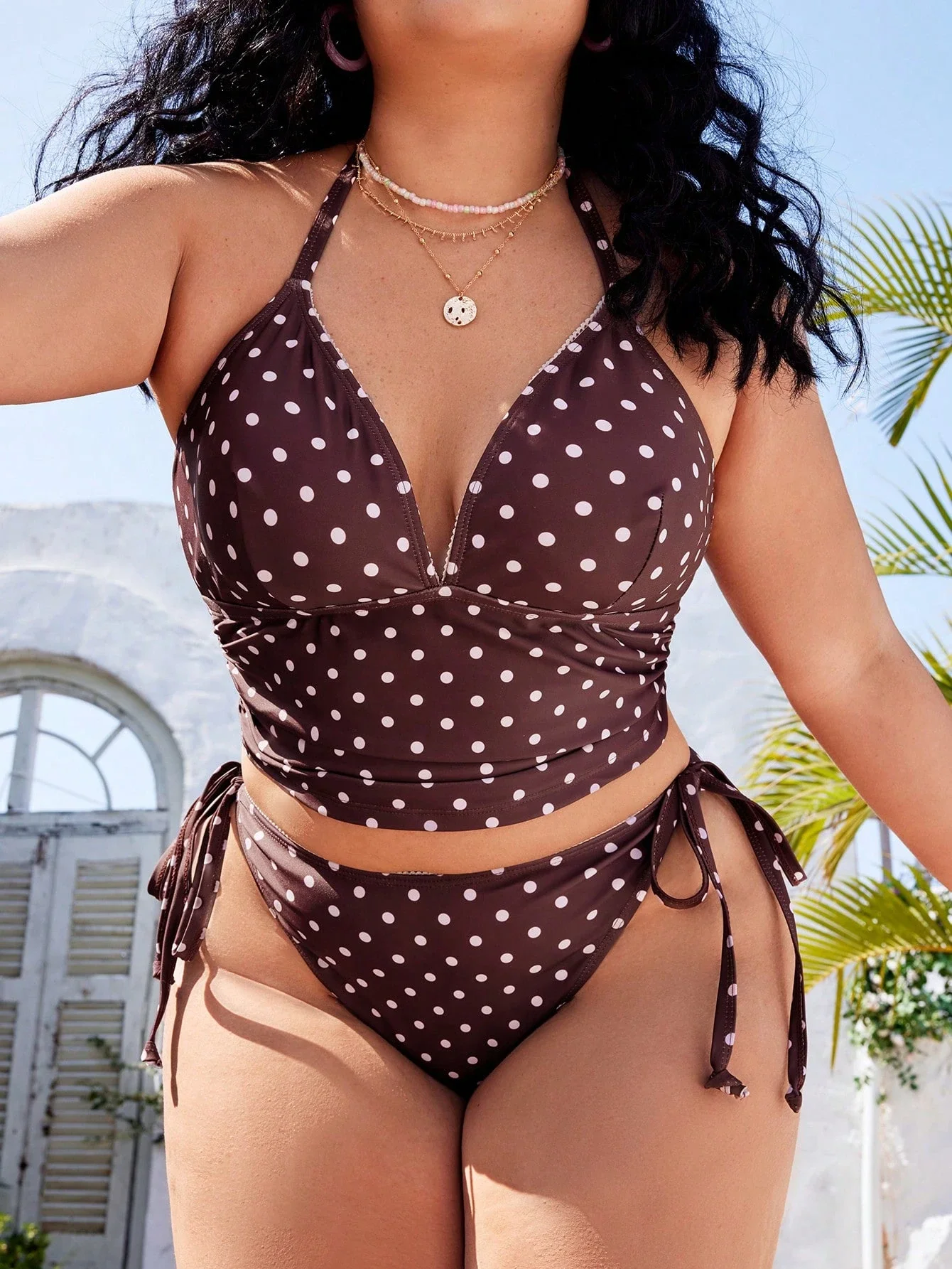 

Polka Dot Halter Neck Bikini Set For Women Plus Size Beach Swimwear