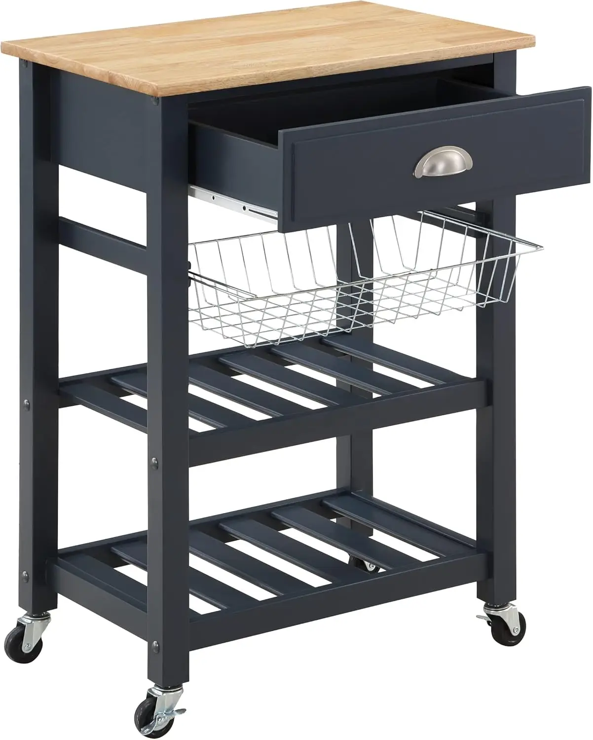 Osp Home Furnishings Hampton Kitchen Cart With Wood Top, Utensil Drawer, Under Cabinet Basket, And 2 Slatted Shelves, Blue