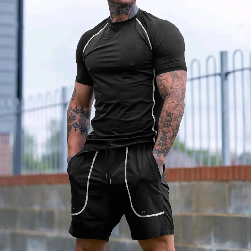Versatile New Sports Tight Round Neck Short-sleeved Pullover and Three-quarter Shorts Men's Running Fitness Clothing Set