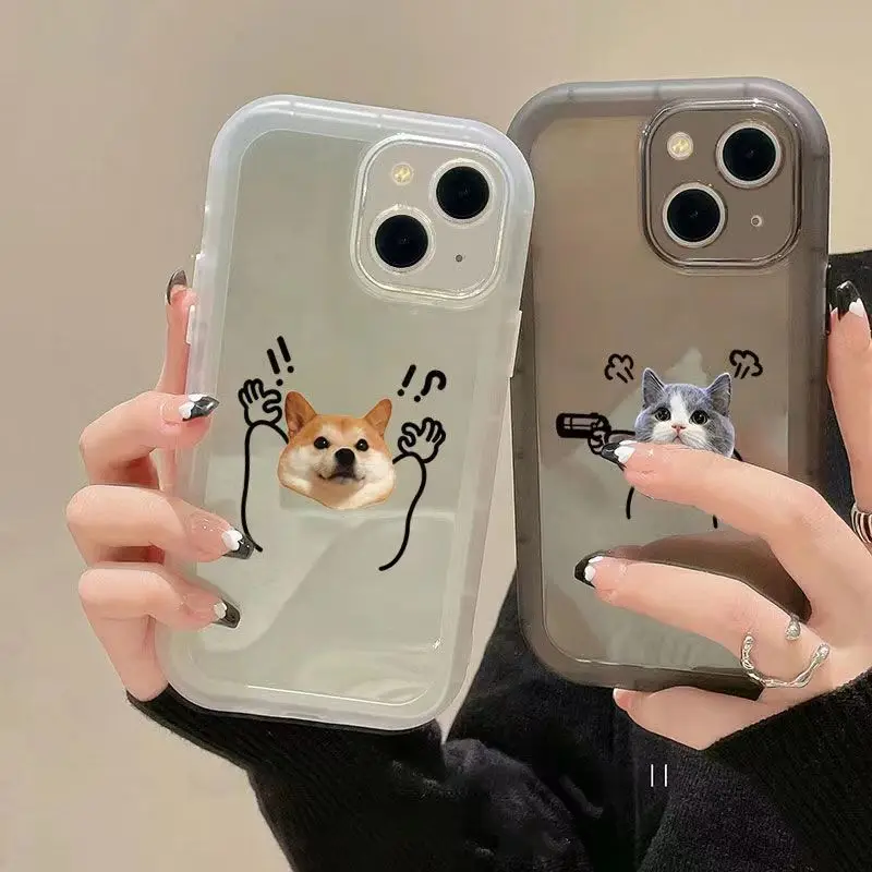 Couple Case Cartoon Cat and Dog Transparent Falling Back Cover for iPhone 14 Promax 14 13 Pro 12 11 Xsmax Xr 7 8 Plus Soft Case