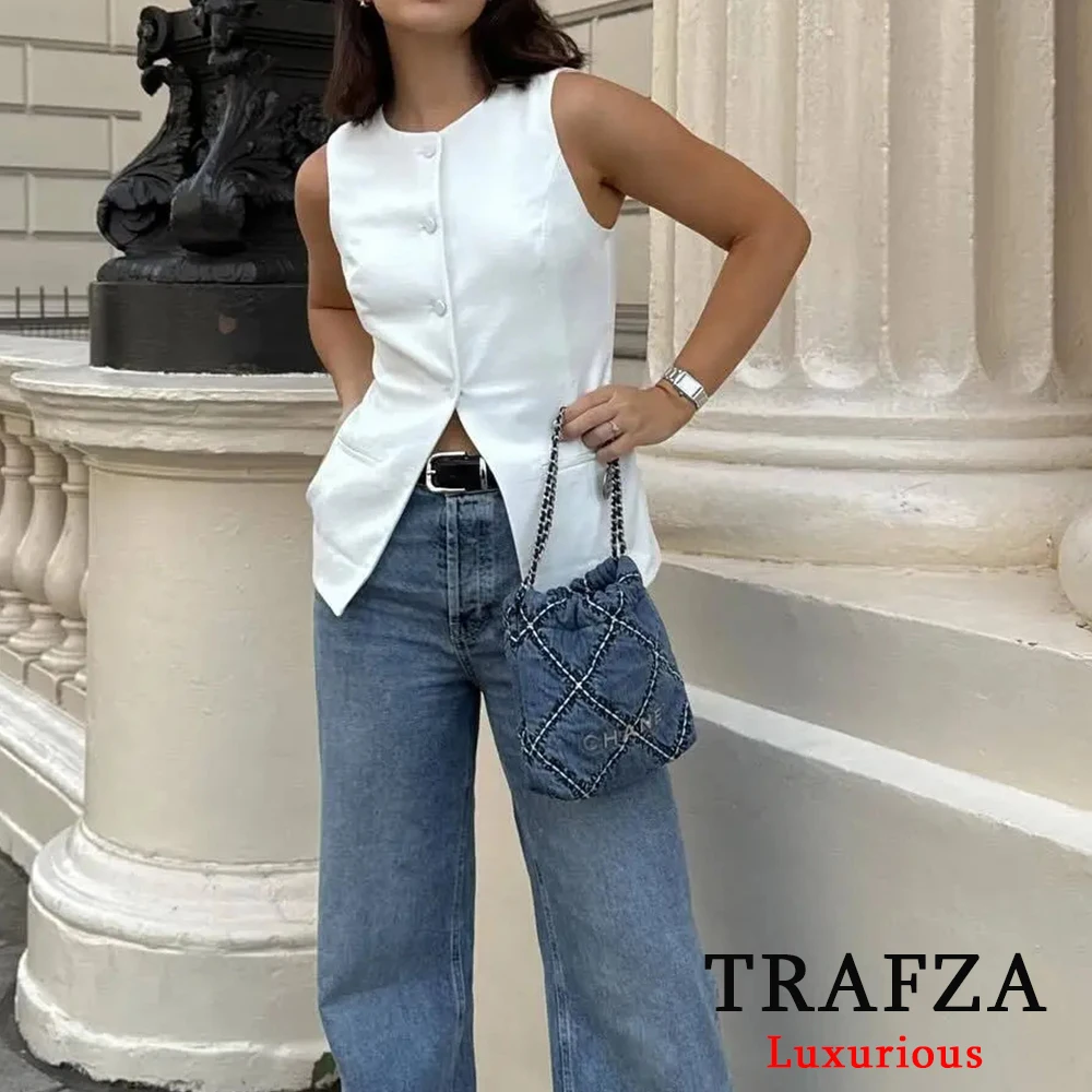 TRAFZA Office Lady Solid White Vest Women O Neck Buttons Front Split Long Vest Blazer Fashion 2024 Summer Elegant Casual Tops