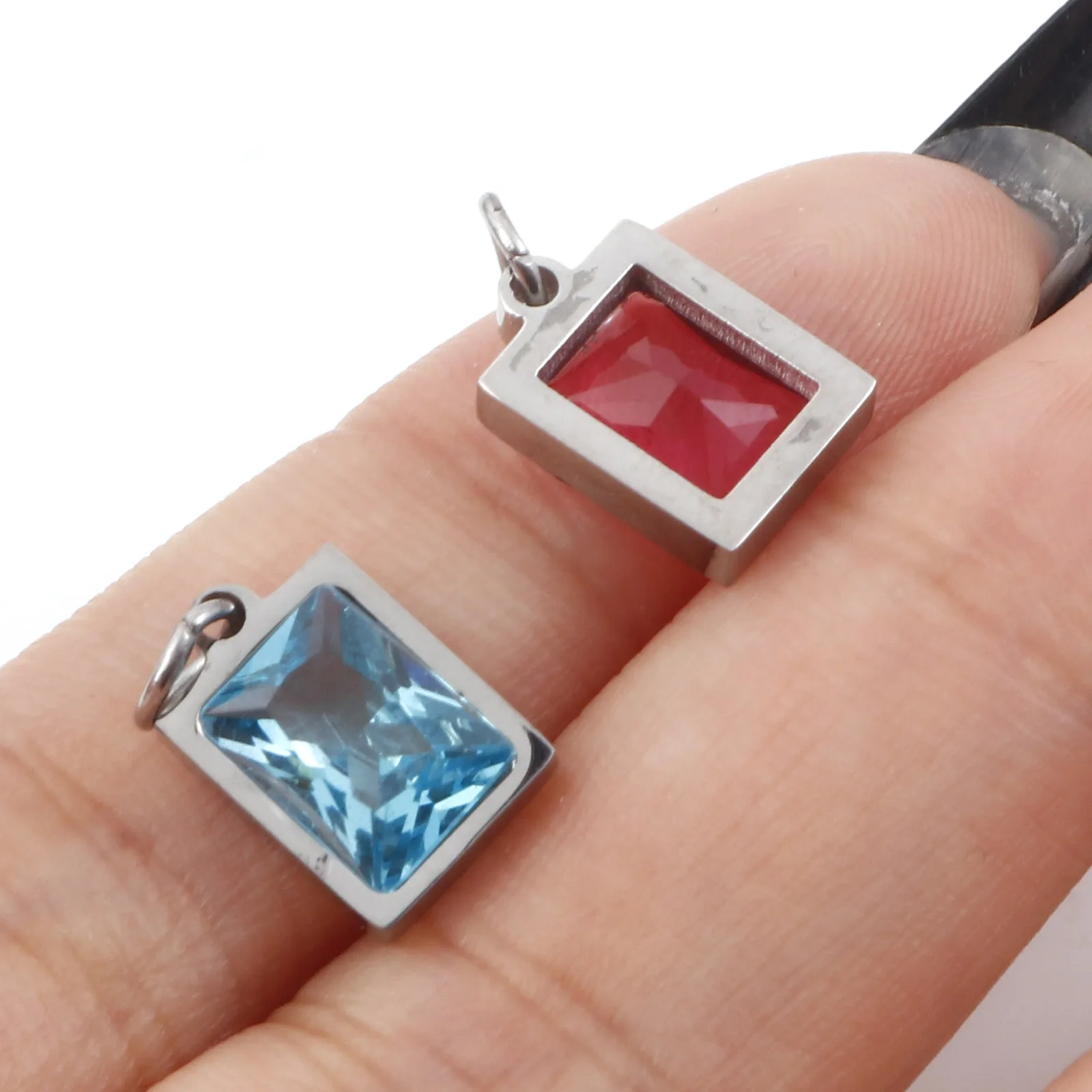 Ciondoli con zirconi cubici ciondolo in vetro rettangolare in acciaio inossidabile Color argento per gioielli che fanno collana di orecchini fai da te 12x8mm