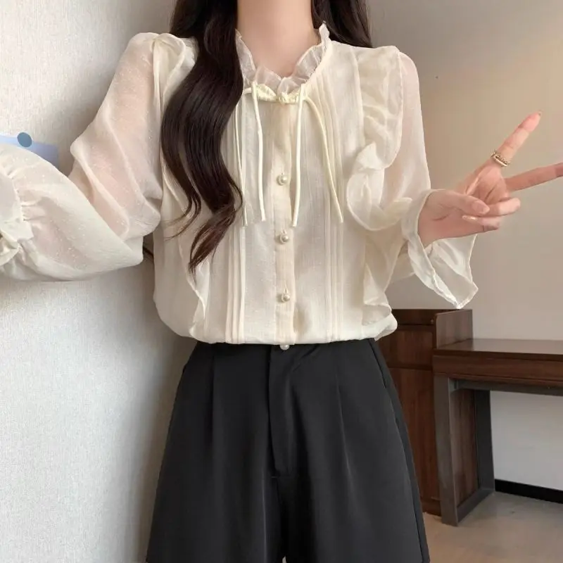 2024 New Summer Chinese Style High Waist Sweet Loose Women's Shirt Polyester Ruffled Flare Sleeve Solid Folds Button Chic Tops