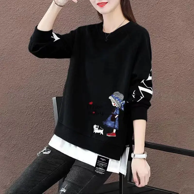 

Fake Two Hoodies Women's Korean Loose Spring Autumn New Long Sleeve Printing Plus Size Fashion Tops Casual Harajuku Clothing