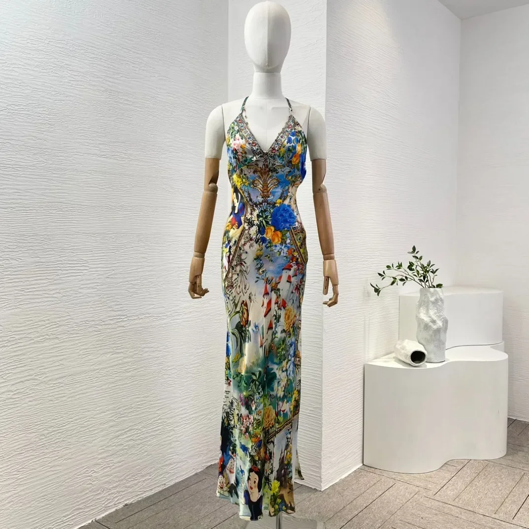 Silk Multicolor Floral Cartoon Characters Print Diamonds Pressed Sleeveless Deep V Neck Halter Backless Maxi Dresses