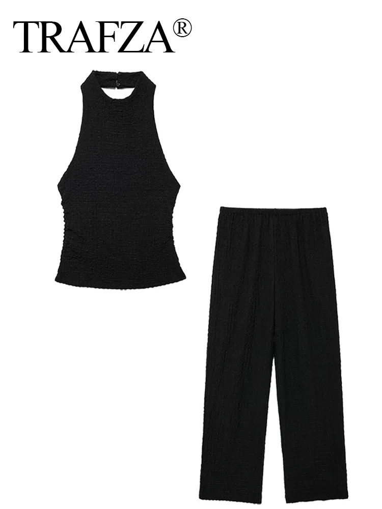 TRAFZA-Ensemble 2 pièces pour femme, haut à col licou texturé froncé, pantalon large à taille élastique, fibre solide, dos nu