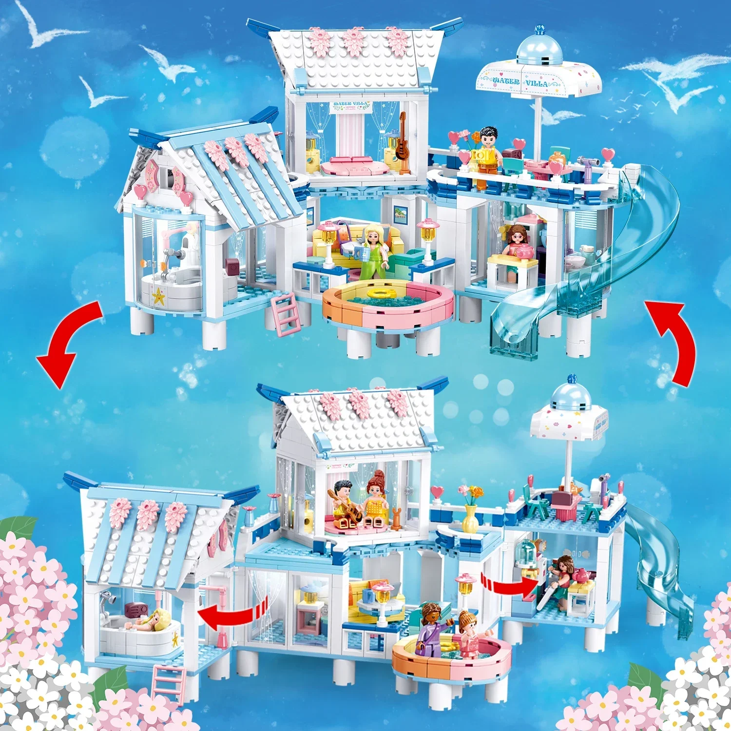 938PCS Sea View Pool Villa Building Blocks Creative City Streetview ชุดอิฐชุดตัวเลขเด็กการศึกษาประกอบของเล่น