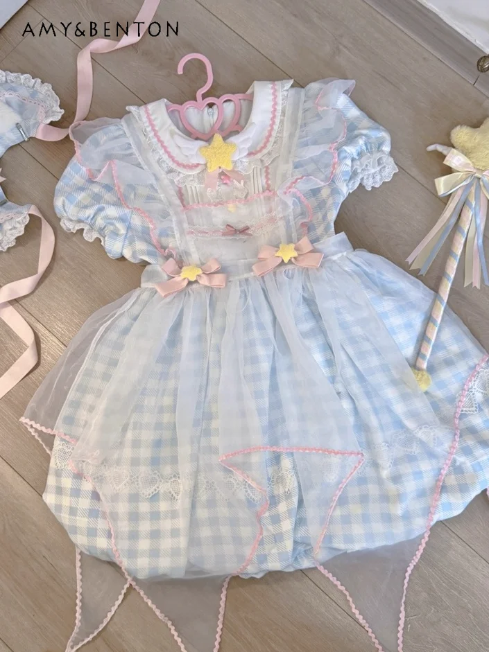 Cute Lolita Girl Doll Collar Manica a sbuffo Vita alta Slim Plaid Tutu Dress Sweet Kawaii Festa di compleanno per abiti da sera da donna