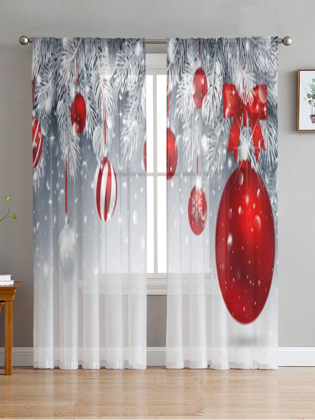 Red Balls And Fir Branches Tulle Curtain For Living Room Bedroom Kitchen Decoration Window Voiles Tulle Curtain