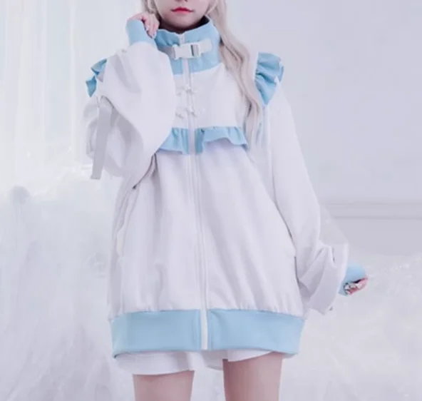 ربيع الخريف موضة جديدة فضفاضة الصينية زر سترة طويلة الأكمام فتاة حلوة كلية اليابانية العمر الحد الكشكشة سستة الأعلى