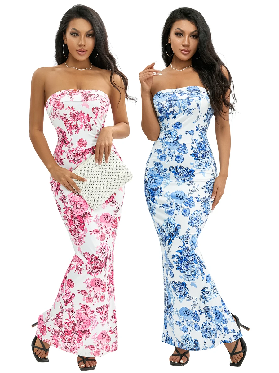 Vestido longo de tubo sem alças feminino, bodycon sem costas, vestido sexy com tubo, fora do ombro, vestidos florais, clubwear verão, Y2K