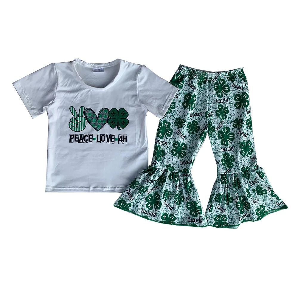 

Boutique Girls St. Patrick Outfits Peace Love Short Sleeve Clover Bell Bottom Pants Sets