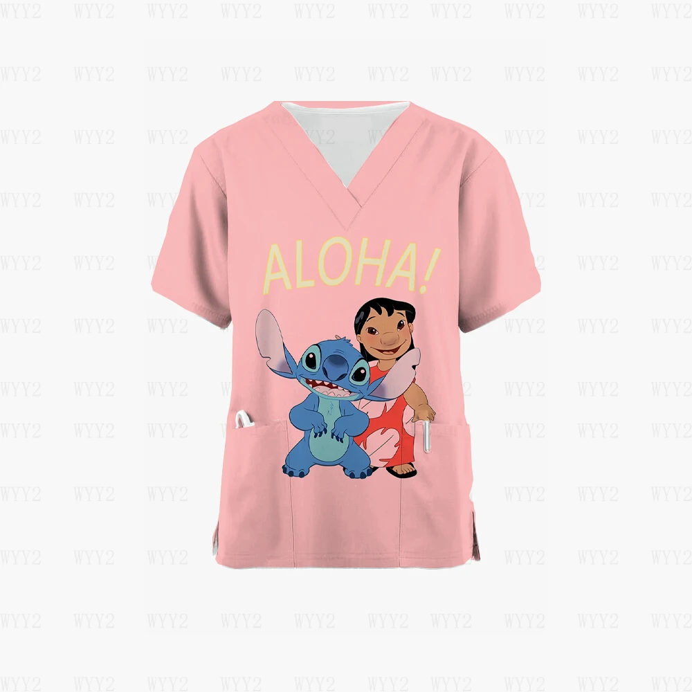 Krankenhauspersonal Disney Stitch Sommer Scrub Top Bedrucktes Krankenschwesterkleid mit V-Ausschnitt Pullover Medizinische Chirurgie Scrub Uniform T-Shirt