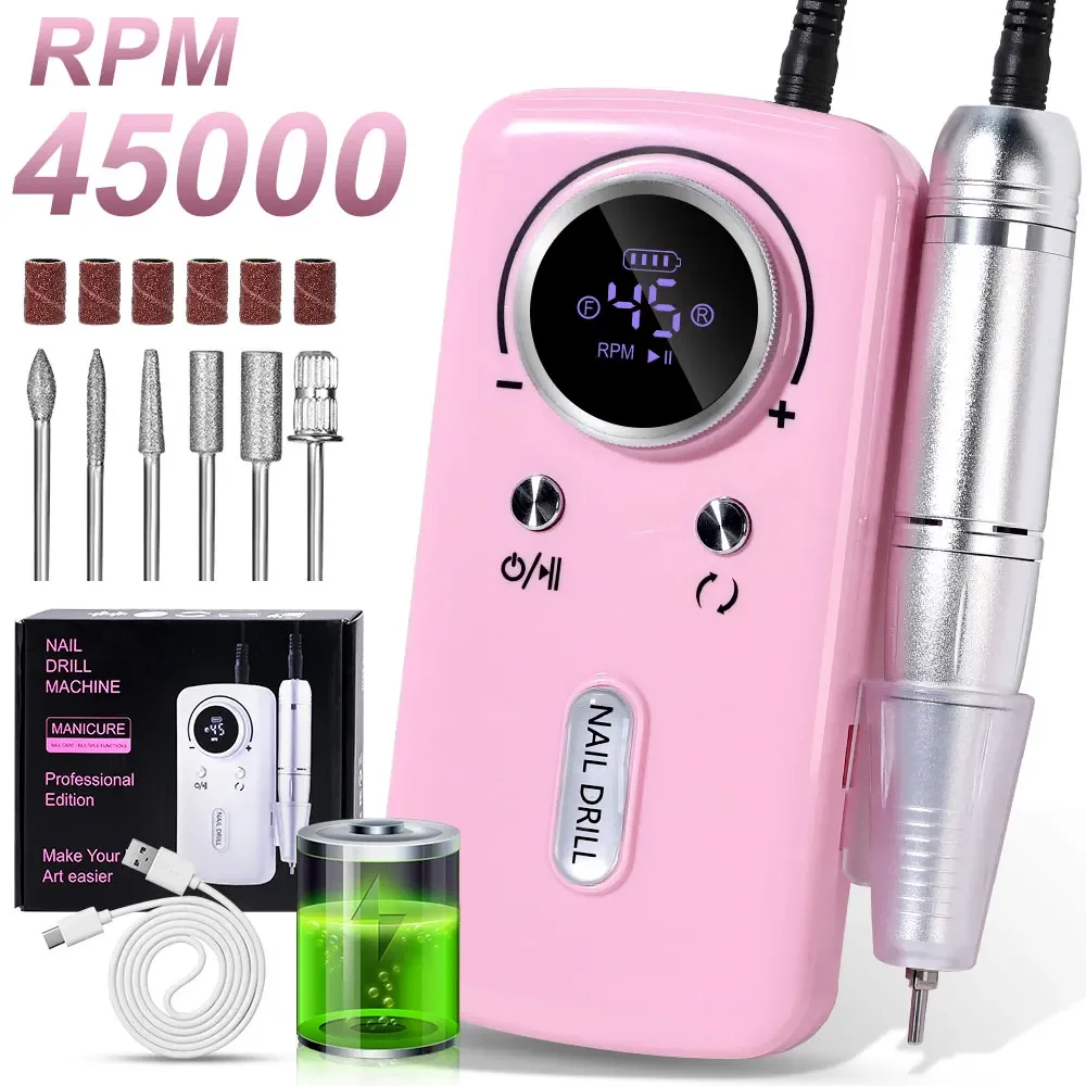 Professional Electric Nail Drill, 45000RPM Cordless Nail File Drill With 6 Drills, LCD Display, Nail File Machine