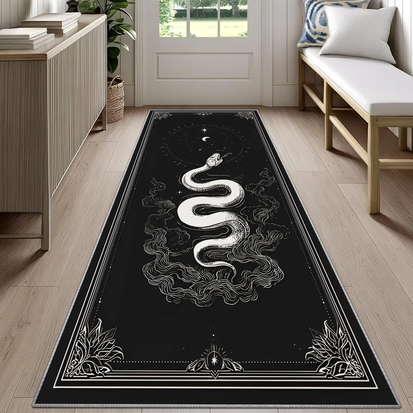 Gothic Snake Runner Rug Black Background Ornate Border Pattern Carpet Non Slip Floor Mat For Hallway Kitchen Area Rugs Mats