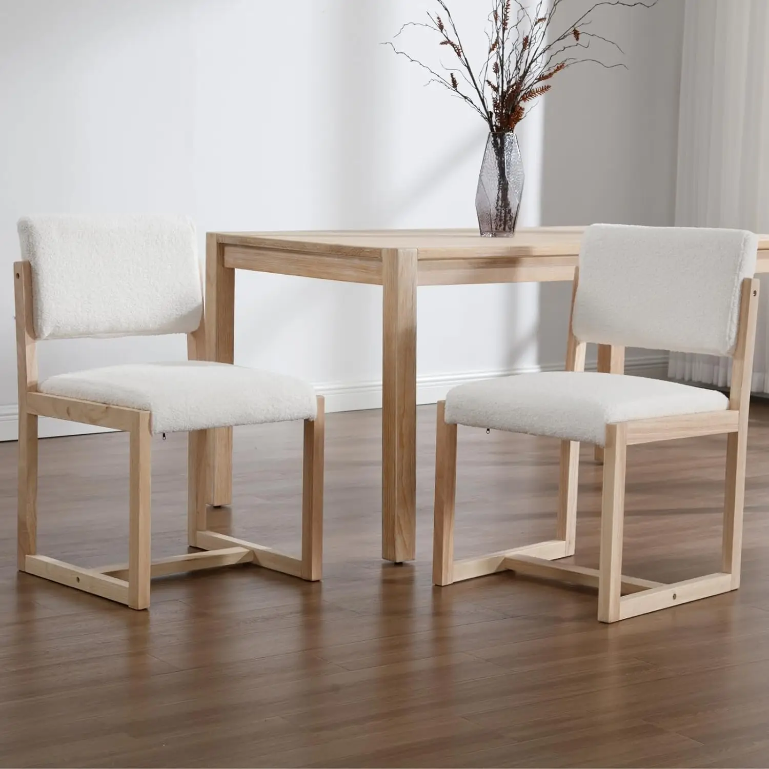 Sillas de comedor modernas de mediados de siglo, silla lateral de cocina de tela de bouclé blanco con patas de madera Natural